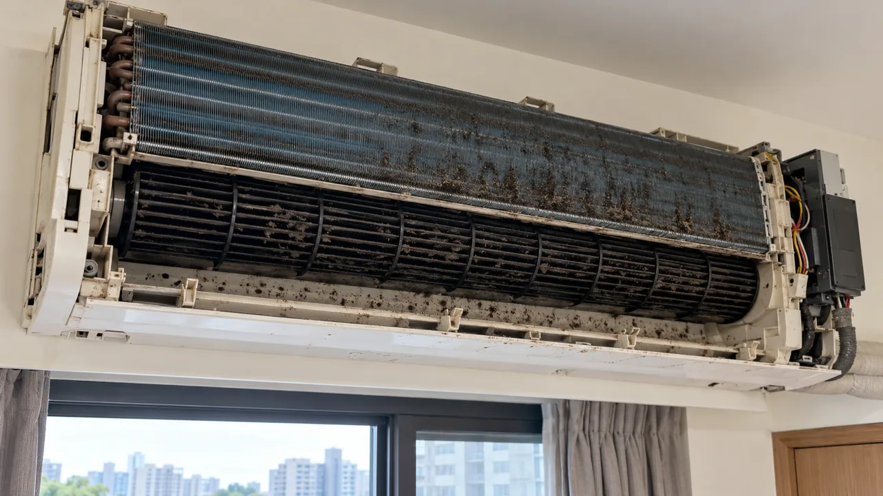 拆開外殼後可見髒污的分離式冷氣室內機
