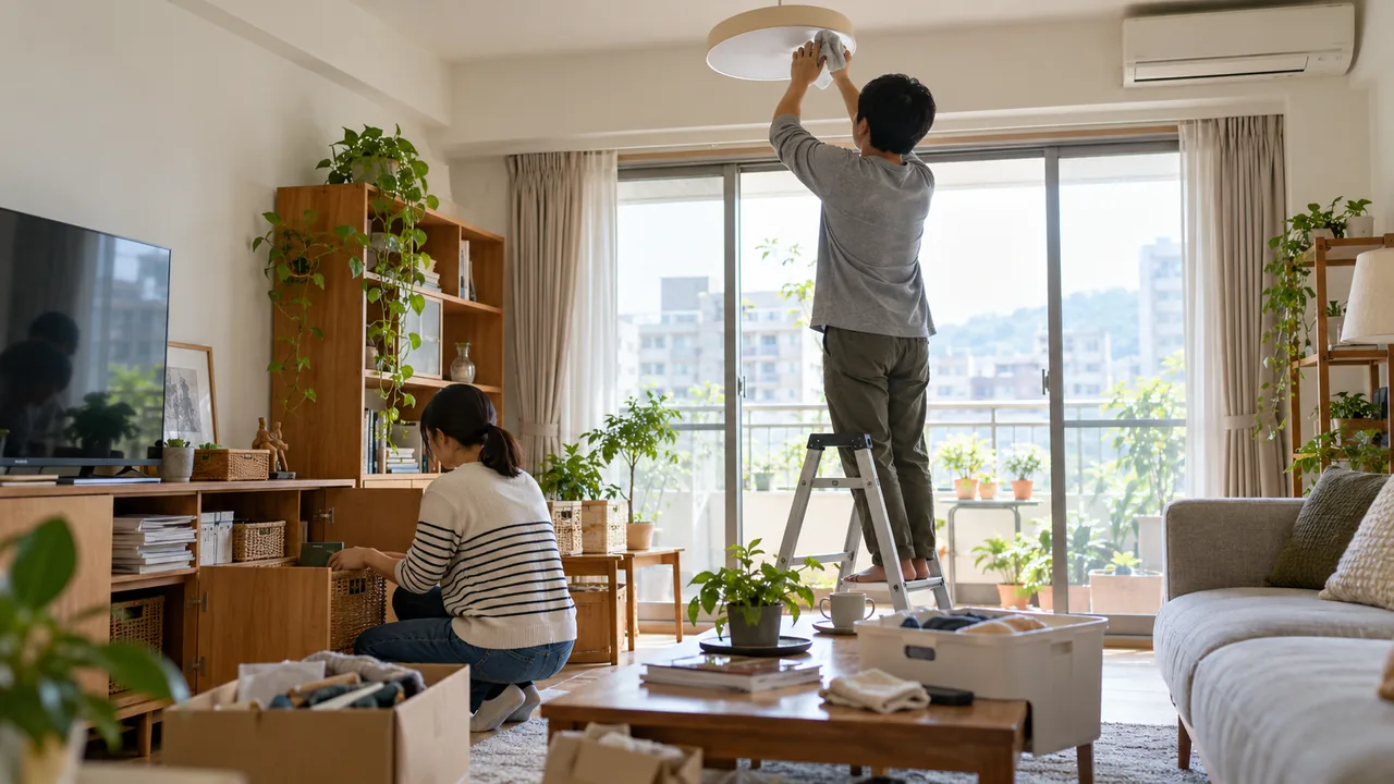 家人一起整理客廳並擦拭燈具